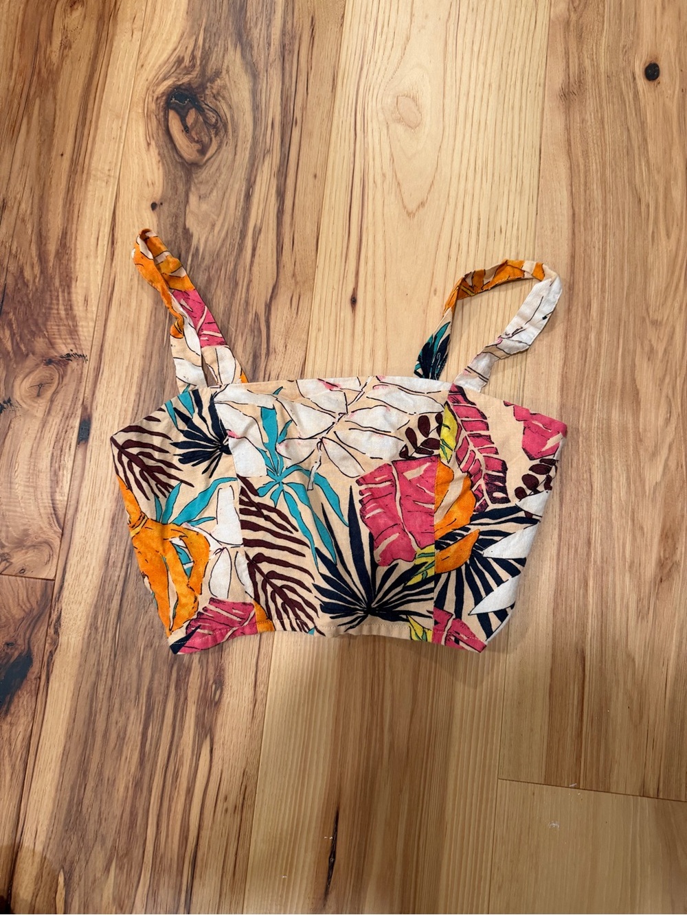 Forever 21 Tropical Print Cropped Tank Top - Cream, Pink, Orange, Teal, Brown